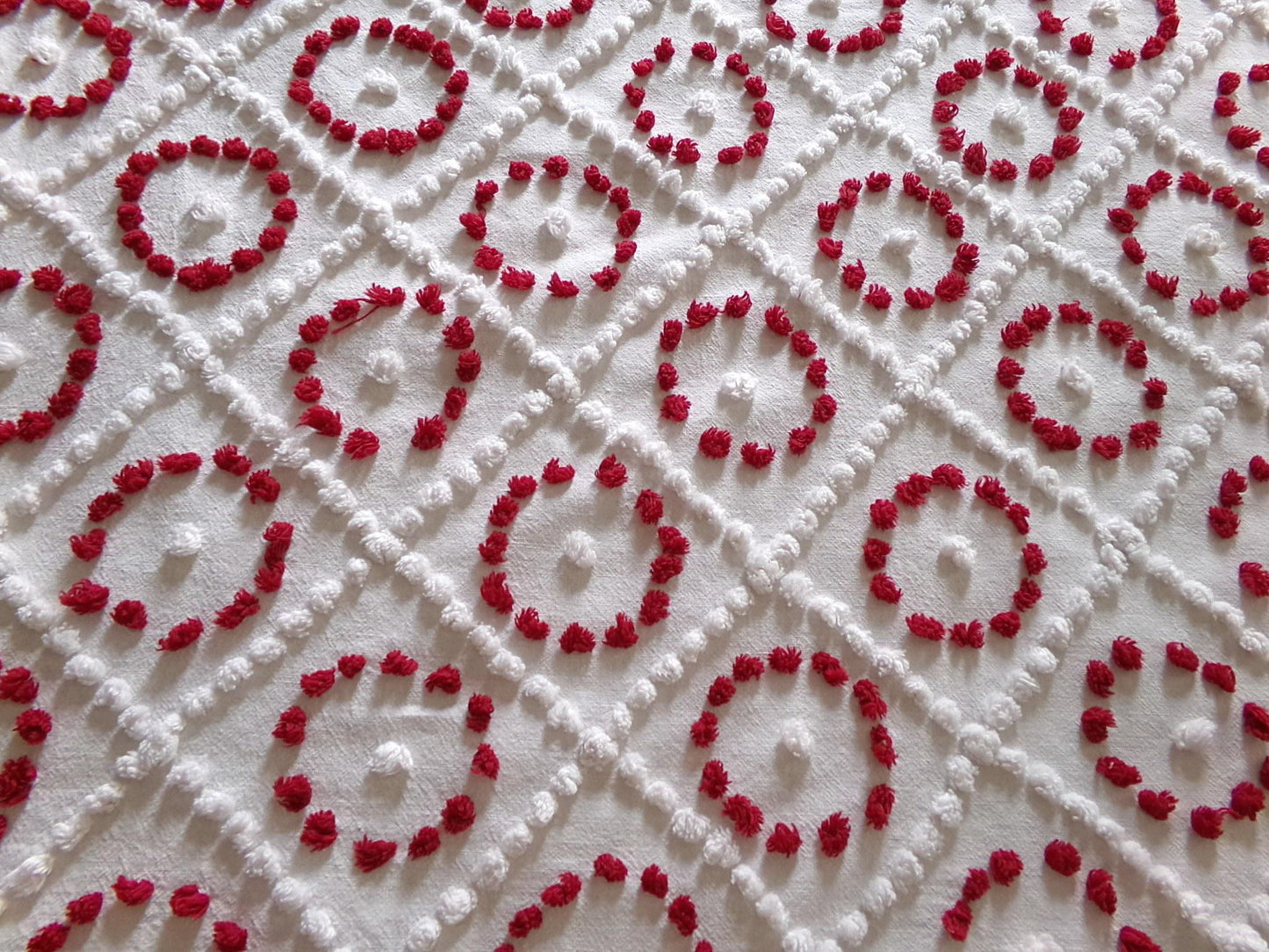 ruby red rings in white diamonds vintage chenille fabric, charming antique handtufted 20"x 25" inch piece of sewing & quilt material
