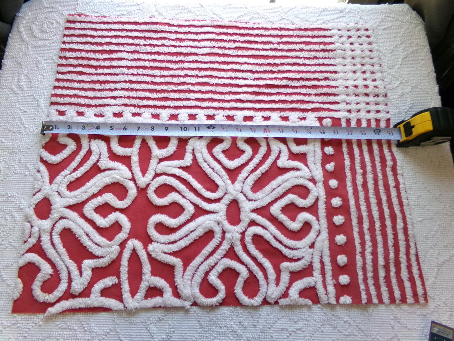 cherry red & white vintage chenille fabric, victorian scroll stripe design, 20" x 24" cut piece of craft, sewing, pillow, quilt material
