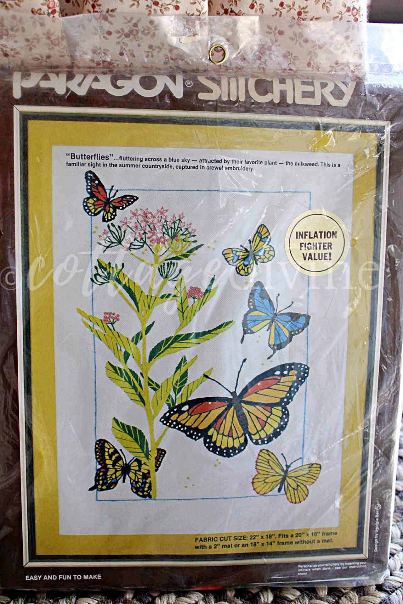 BUTTERFLIES Crewel Stitchery Kit, Vintage Paragon Needlecraft Embroidery, Natural Earthy Hippie Design, Georgia Ball, # 0947