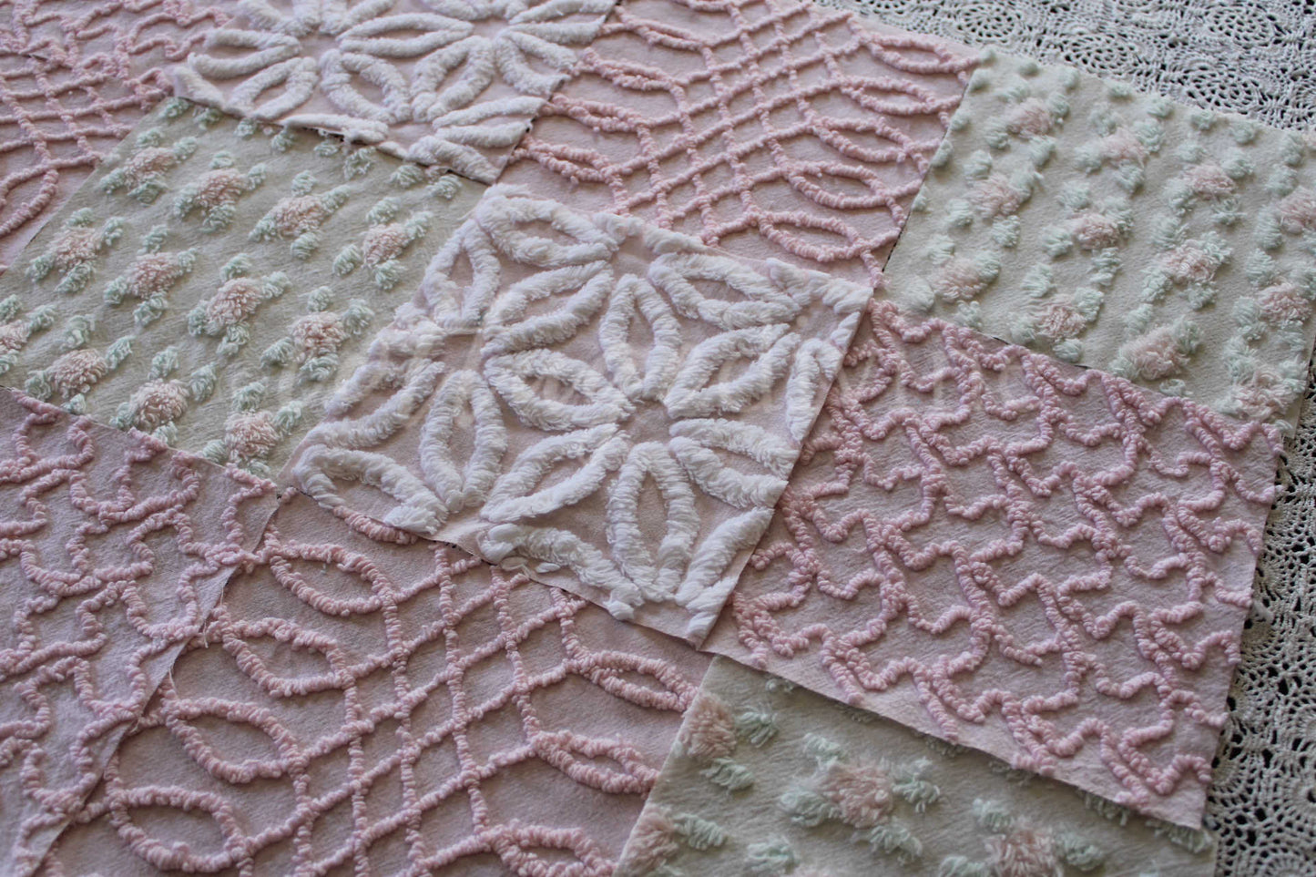 Pink Quilt Squares, Daisy Rosebud Craft Square Set from Vintage Bedspread Fabric, 16 Blocks, 6" x 6" inch