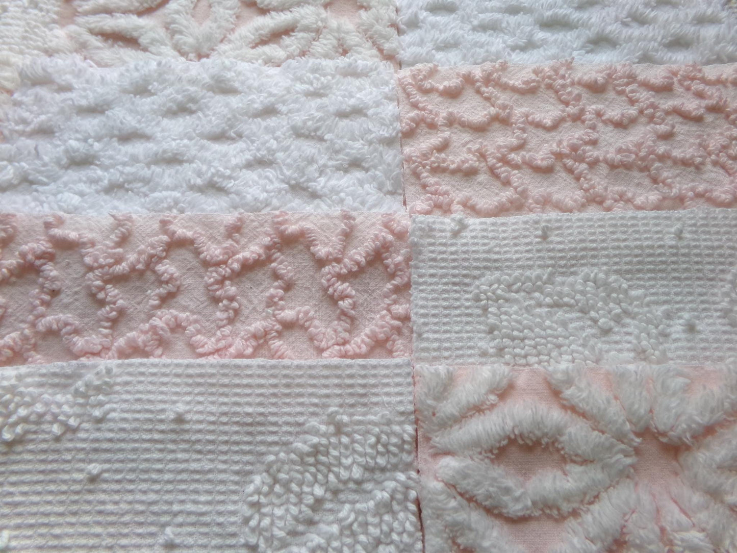 pink & white vintage 6" chenille squares, set of 12 quilt blocks in a lovely selection of popular patterns for sewing, crafts