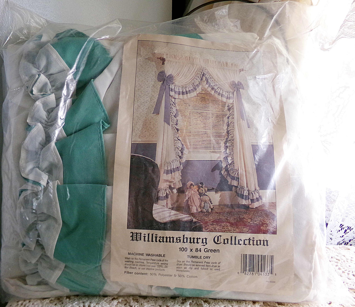 Farmhouse Style Priscilla Curtain Panels Pair, Cream & GREEN Trim, Bow Tiebacks, NOS Vintage Window Curtains, 84" L, Williamsburg Collection