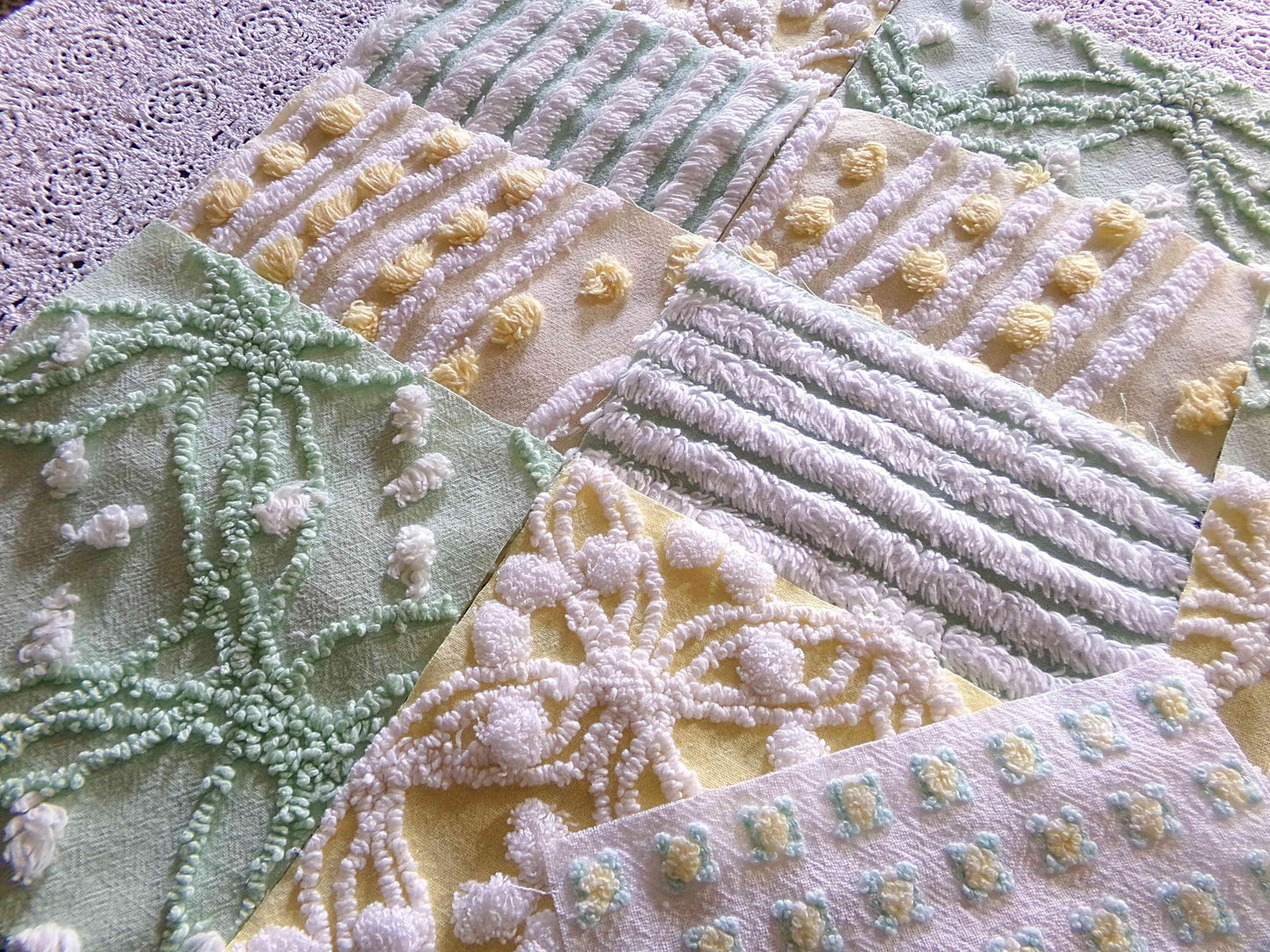 Springtime Fresh Chenille Fabric Squares Set in Yellow, Green & White, 17 Blocks, 6" inch ea, Cheery Stripes, Dots Geometric Designs