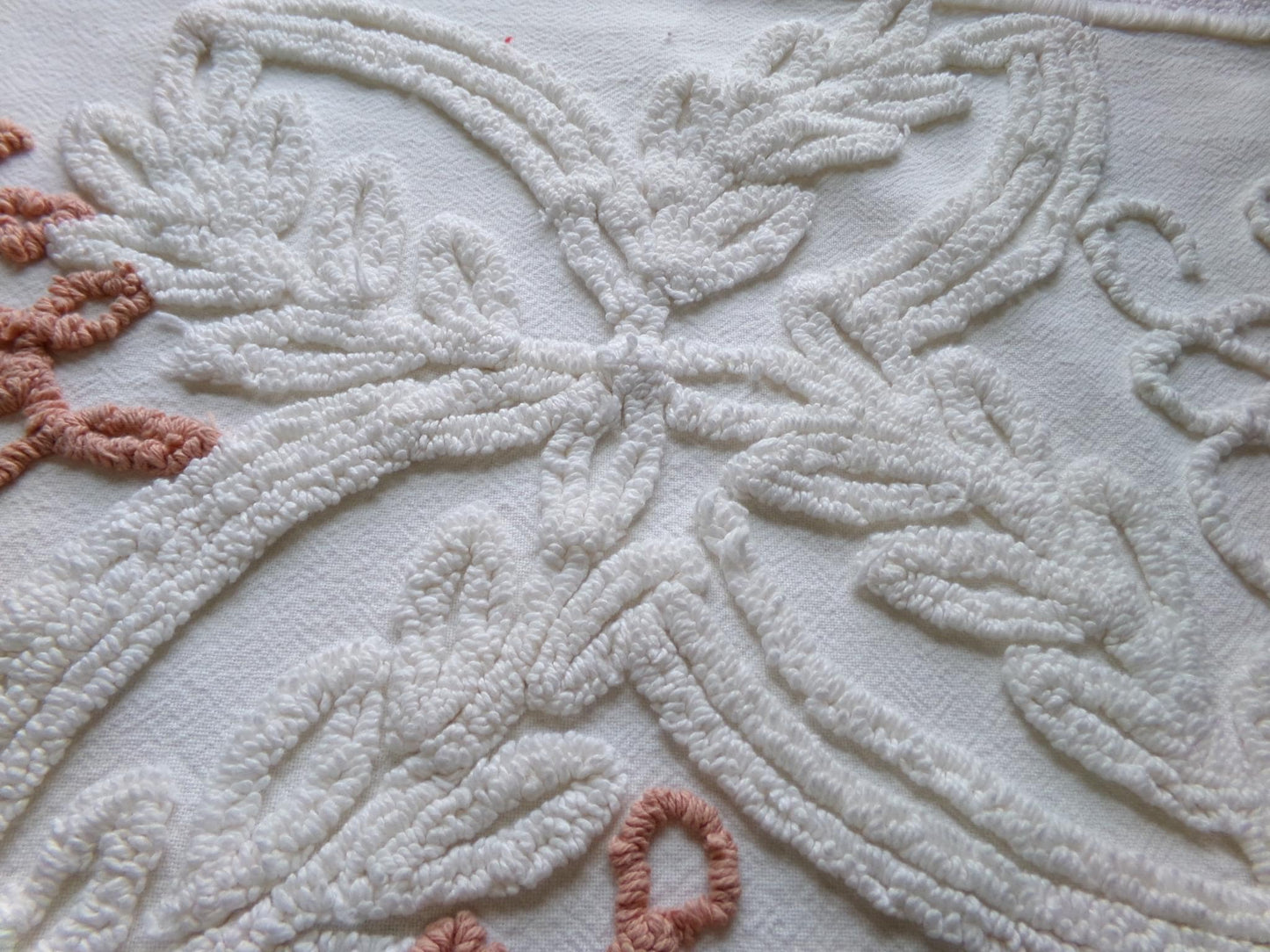 frosted cake sculpted vintage chenille fabric, cream botanicals & autumn roses, 35" x 20" inch piece of beautiful sewing material