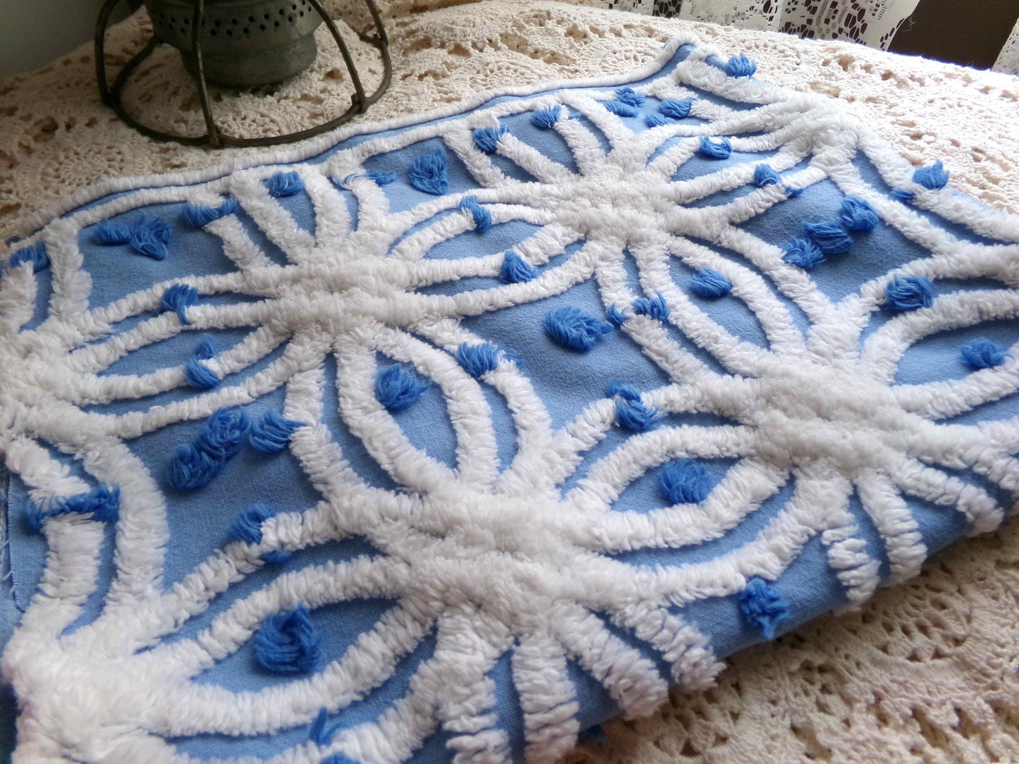 coastal chic blue vintage chenille fabric, white tufted spider rings & little pops, 24" x 18" inch piece