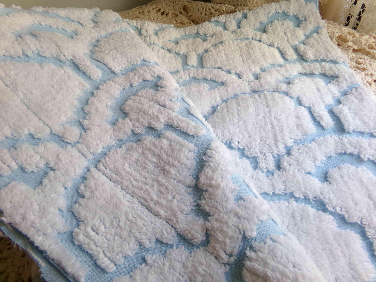 Celestial Sculpted 3D Cloud Blue Vintage Chenille Fabric, 26" x 19" inch piece