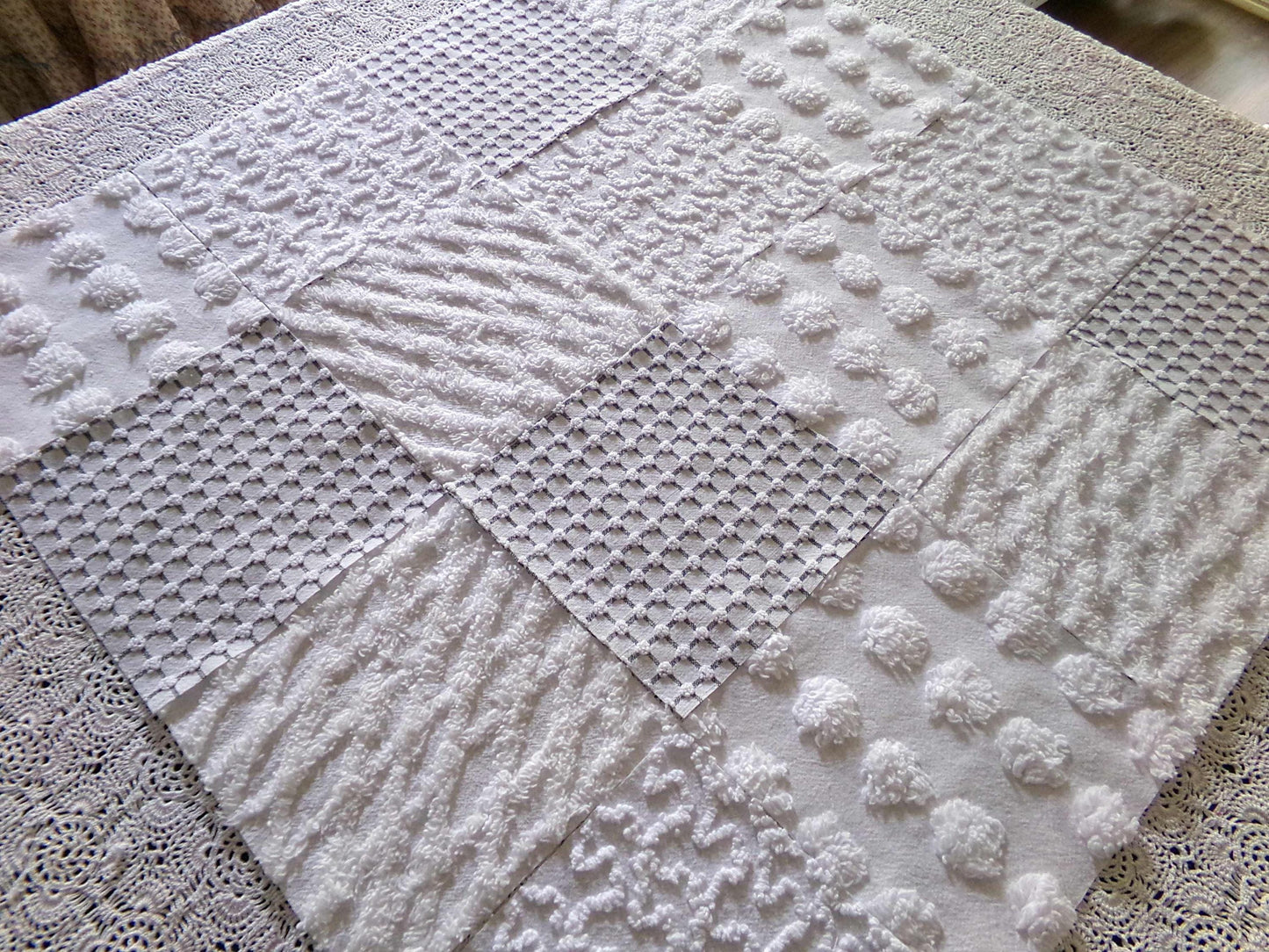 Blizzard White Vintage Chenille Fabric Squares, Diamond Ice, Coin Pop, Squiggle & Micro Grid, Set of 16 Quilt Blocks, 6" x 6" inch each