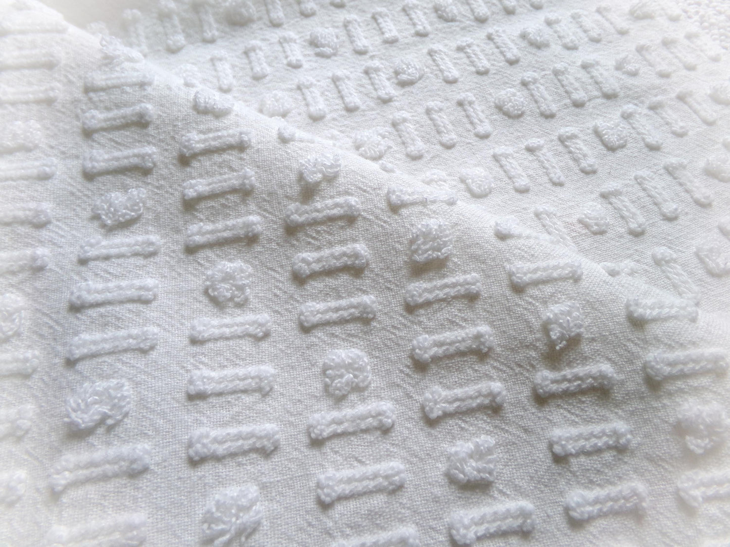 vintage white chenille fabric: dainty dot dash design, 18" x 24" piece
