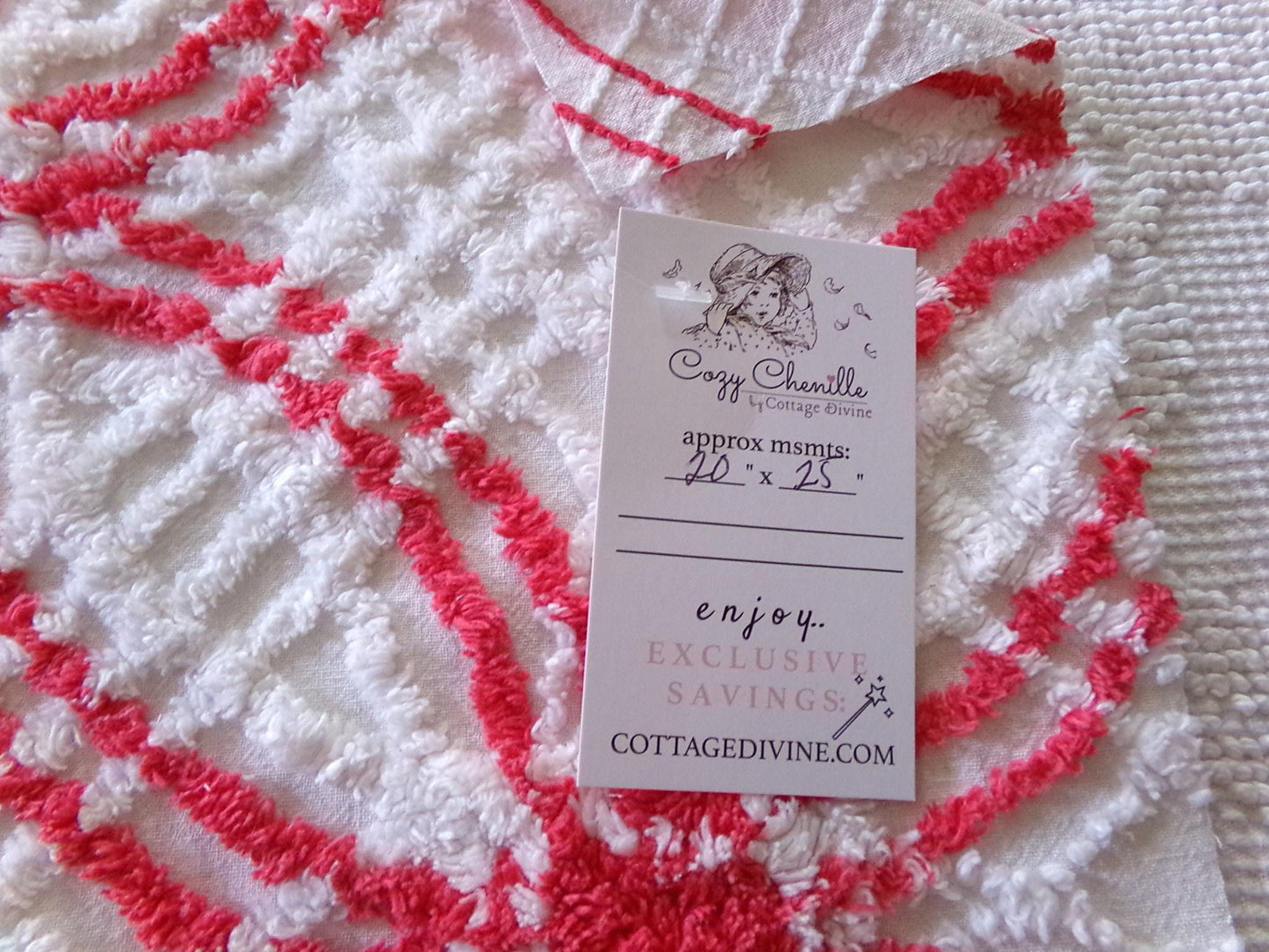 peppermint candy vintage chenille fabric, red & white wedding rings, 100% cotton, 20" x 25" inch piece, great in Christmas stockings, quilts