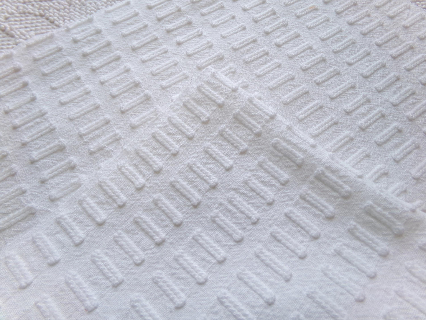 minimalist white vintage chenille fabric: buttonhole design, 18" x 24" cut piece sewing material
