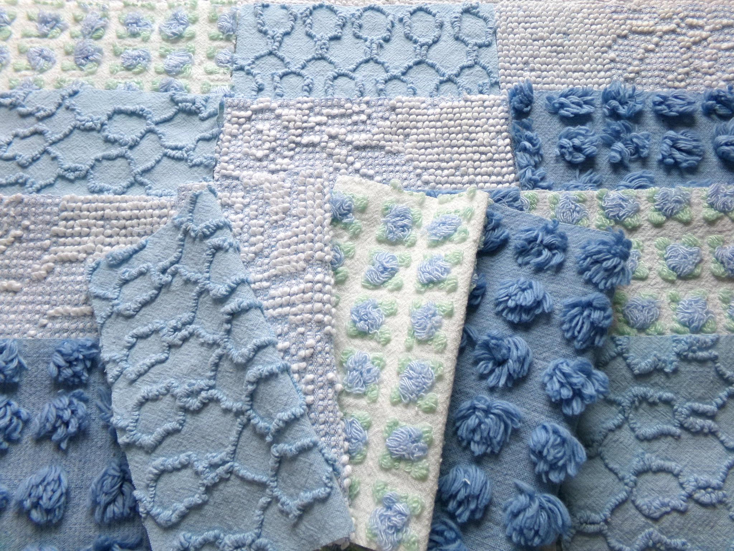 magical moonglow chenille fabric squares, 16 vintage 6" quilt blocks in blue & white, for sewing, crafts, fiber arts