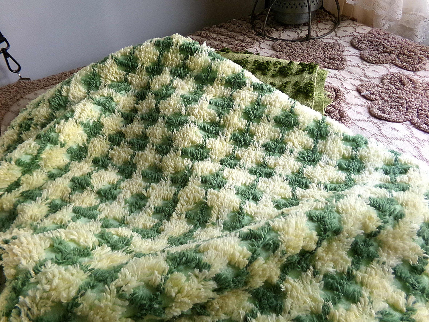 Cheerful Green & Yellow Plaid Vintage Chenille Fabric, 21" x 23" inch Piece, Soft Cotton Blend