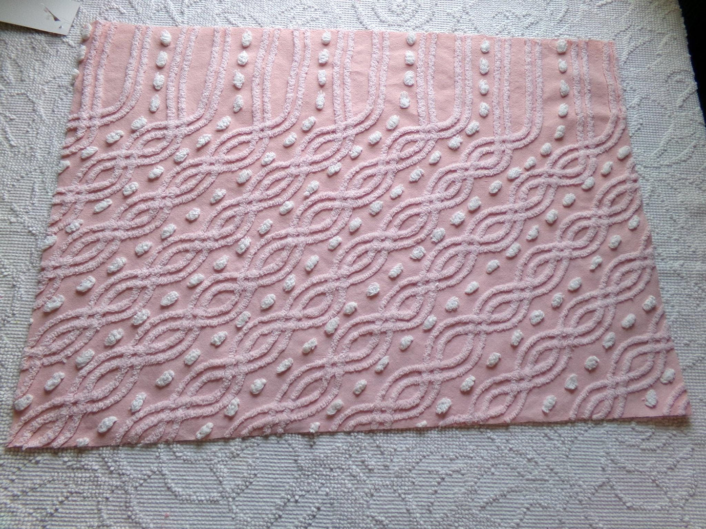 wandering eternity links vintage pink chenille fabric, contrast white pops, 17" x 25" piece for chenille quilts, pillows, fiber arts