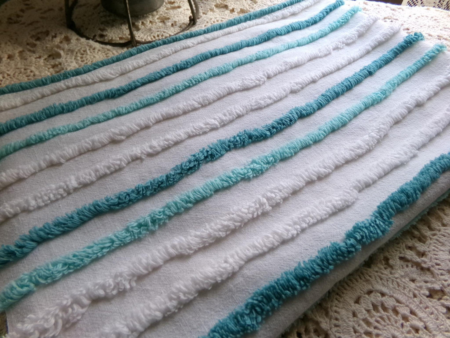 chic coastal cottage vintage chenille fabric, aqua, teal & white striped sewing material for chenille quilts, crafts, 17" x 27" inch piece