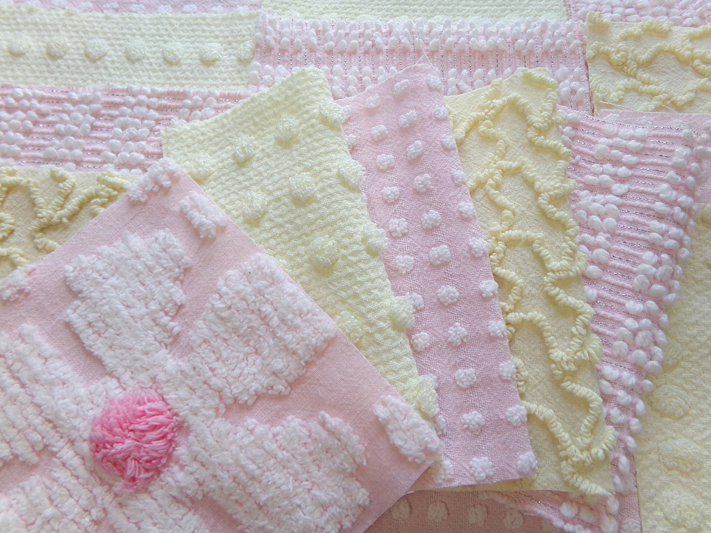 celebrate spring vintage chenille fabric squares, set of 17 pink & yellow 6" blocks for crafts, sewing