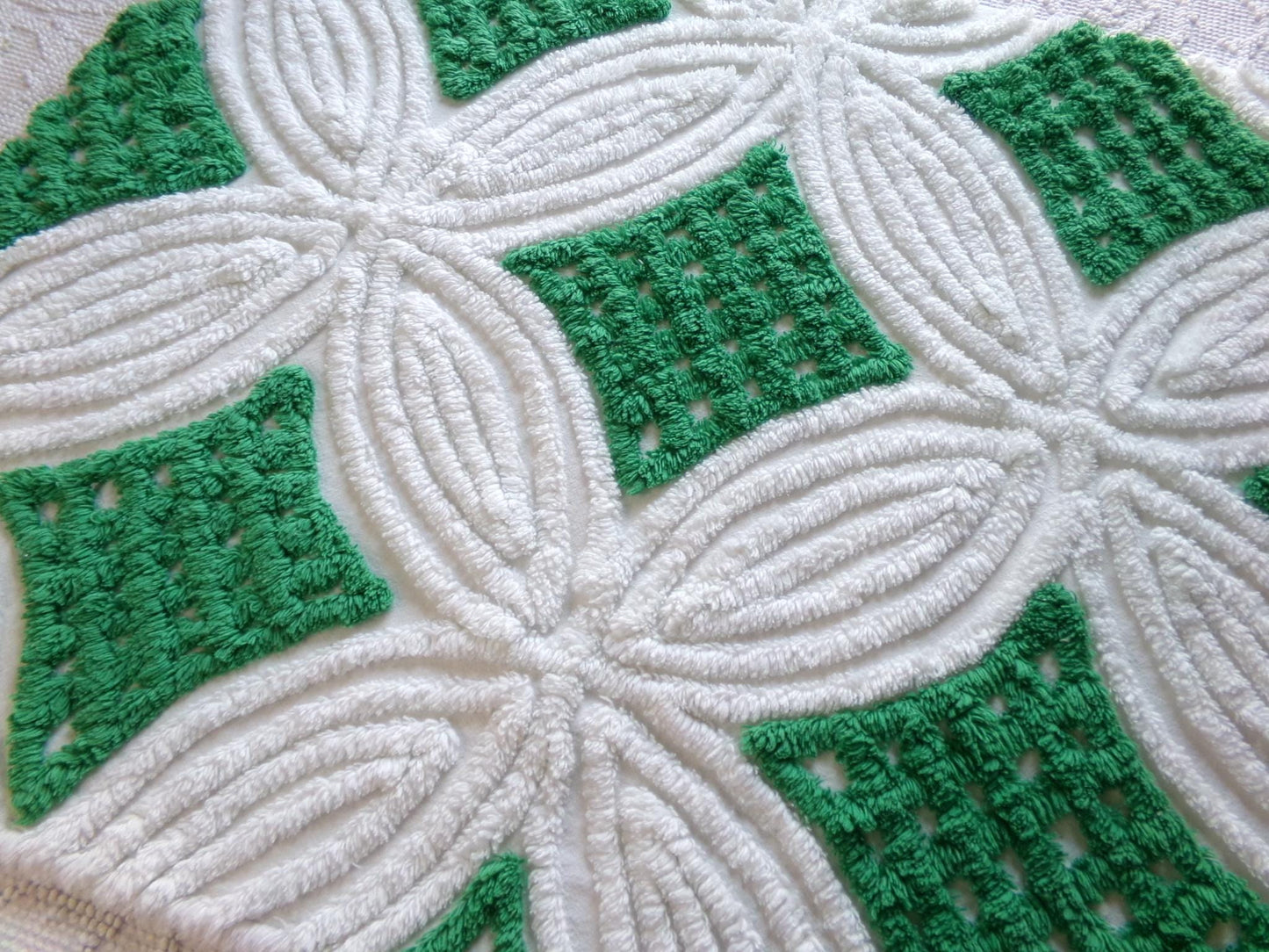 preppy chenille fabric, plush kelly green & white 23" x 20" inch piece of vintage sewing material for pillows, quilting, crafts