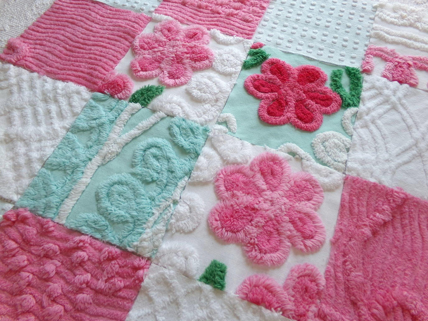 seafoam & pink 6" chenille squares, set of 16 quilt blocks rotary cut from vintage chenille bedspread fabrics