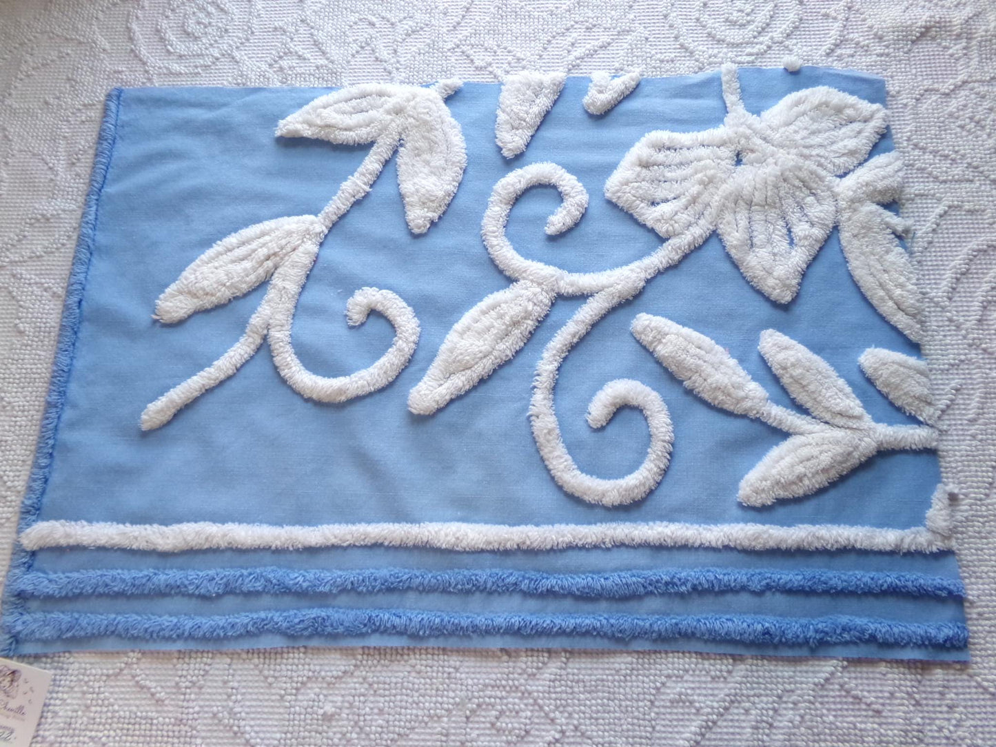 botanical white lily vintage chenille fabric, soothing blue 15" x 22" piece of sewing material for quilting and crafts