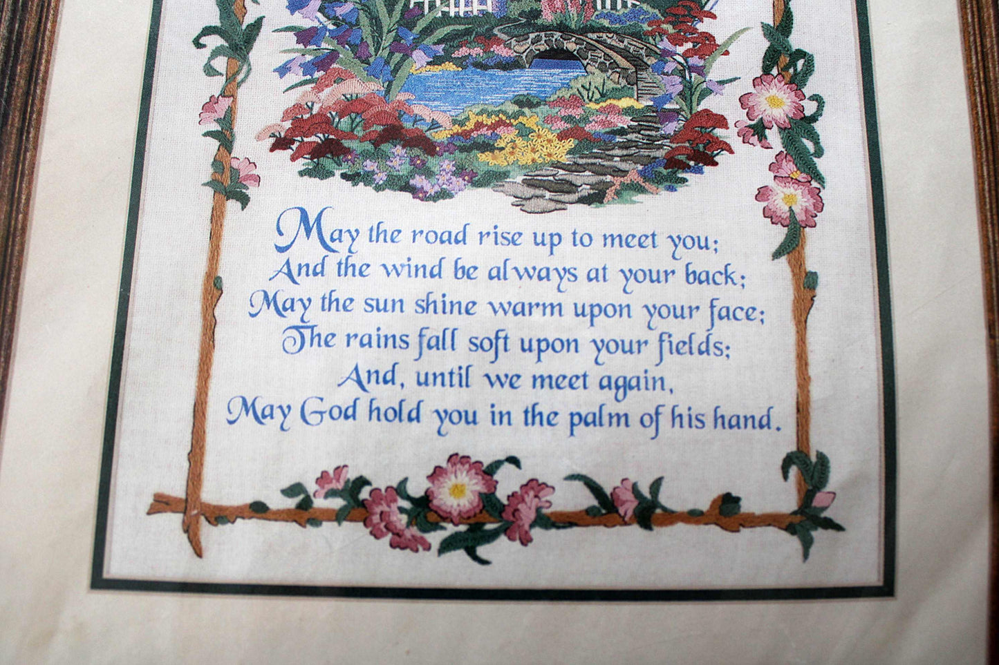 May God Hold You Irish Blessing Poem, a Dimensions Vintage CREWEL Stitchery Kit, Floral Cottage Embroidery Design by Karen Avery