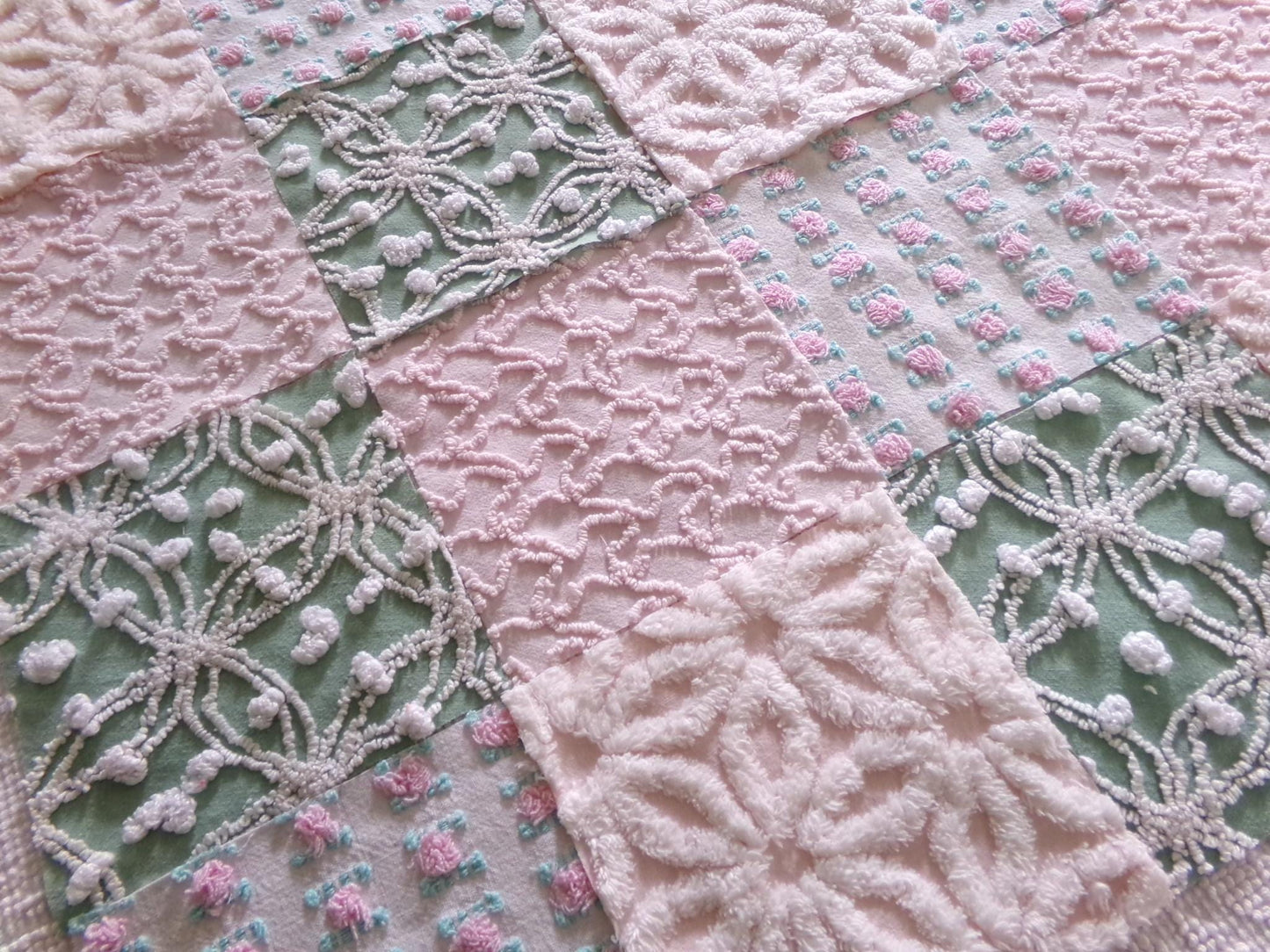 vintage chenille fabric quilt squares, "granny's garden" set of 16 blocks, 6" x 6" inch, pretty in rag quilts & patchwork pillows