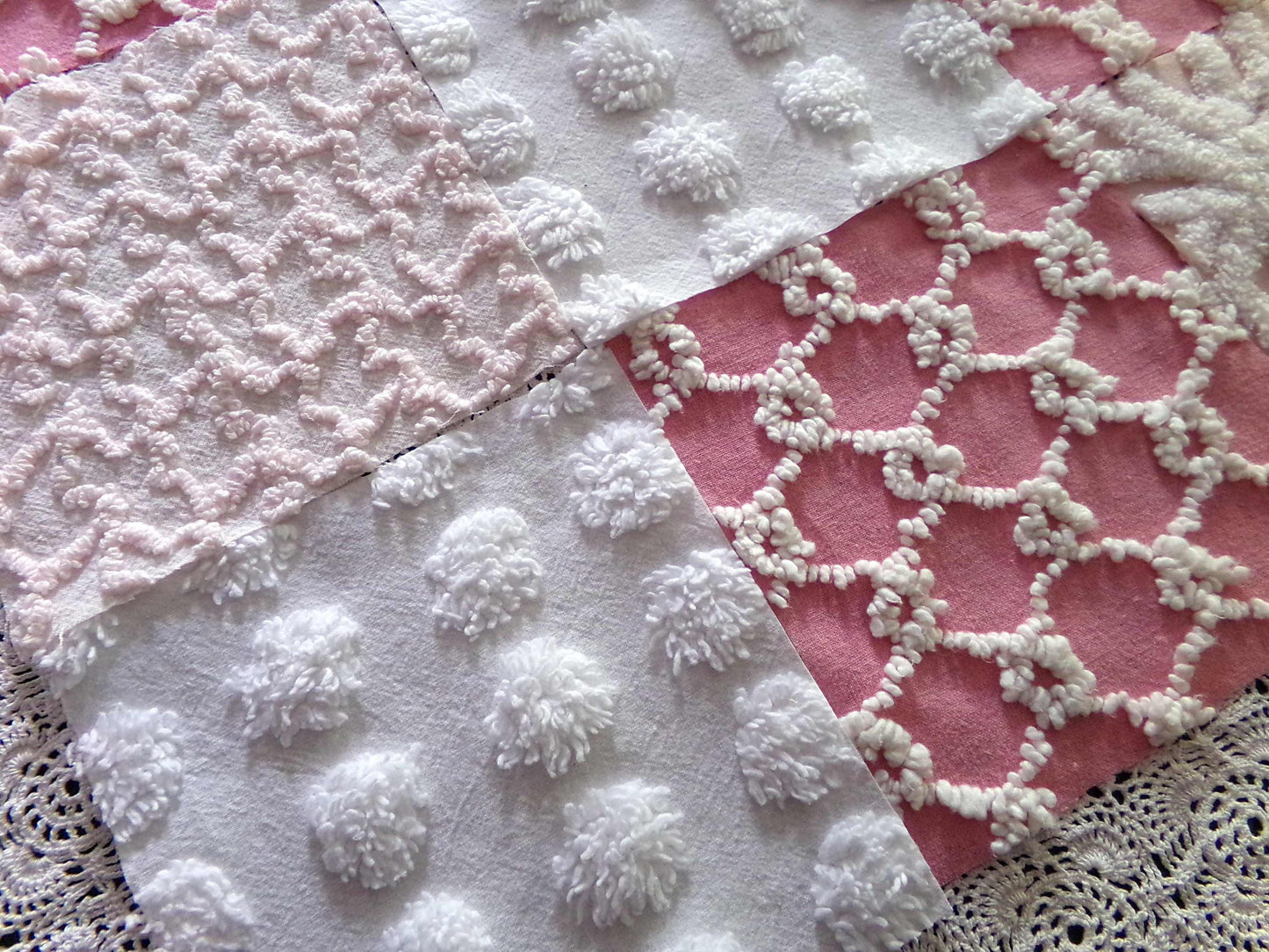 Spunky Pink Quilt Squares Set from Vintage Chenille Bedspread Fabric, 17 Blocks, 6" x 6" inch