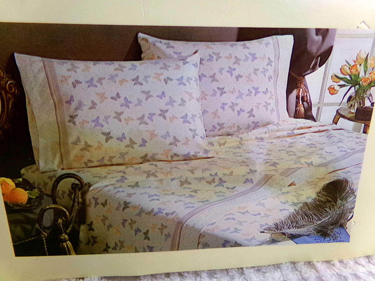 BUTTERFLIES Vintage FULL Flannel Sheet Set, Dreamy Butterfly Pattern, 1 Flat Sheet, 1 Fitted Sheet, 2 Pillowcases, Pure Natural 100% Cotton
