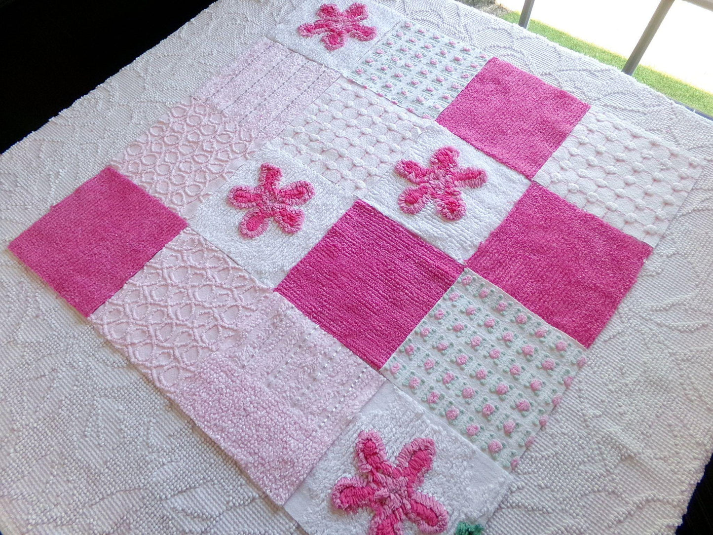 fun pink vintage chenille fabric squares, set of 16 quilt blocks 6" each geometric & flowers for crafts, sewing