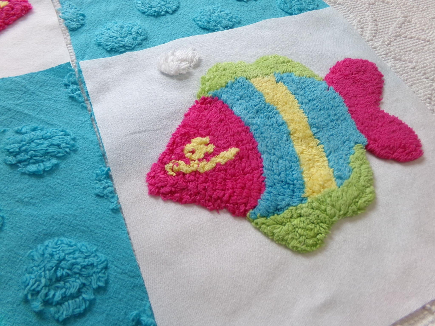 fish fiesta chenille fabric squares, set of 6 large 9.5" square quilt blocks, colorful fishies & bright coin dots