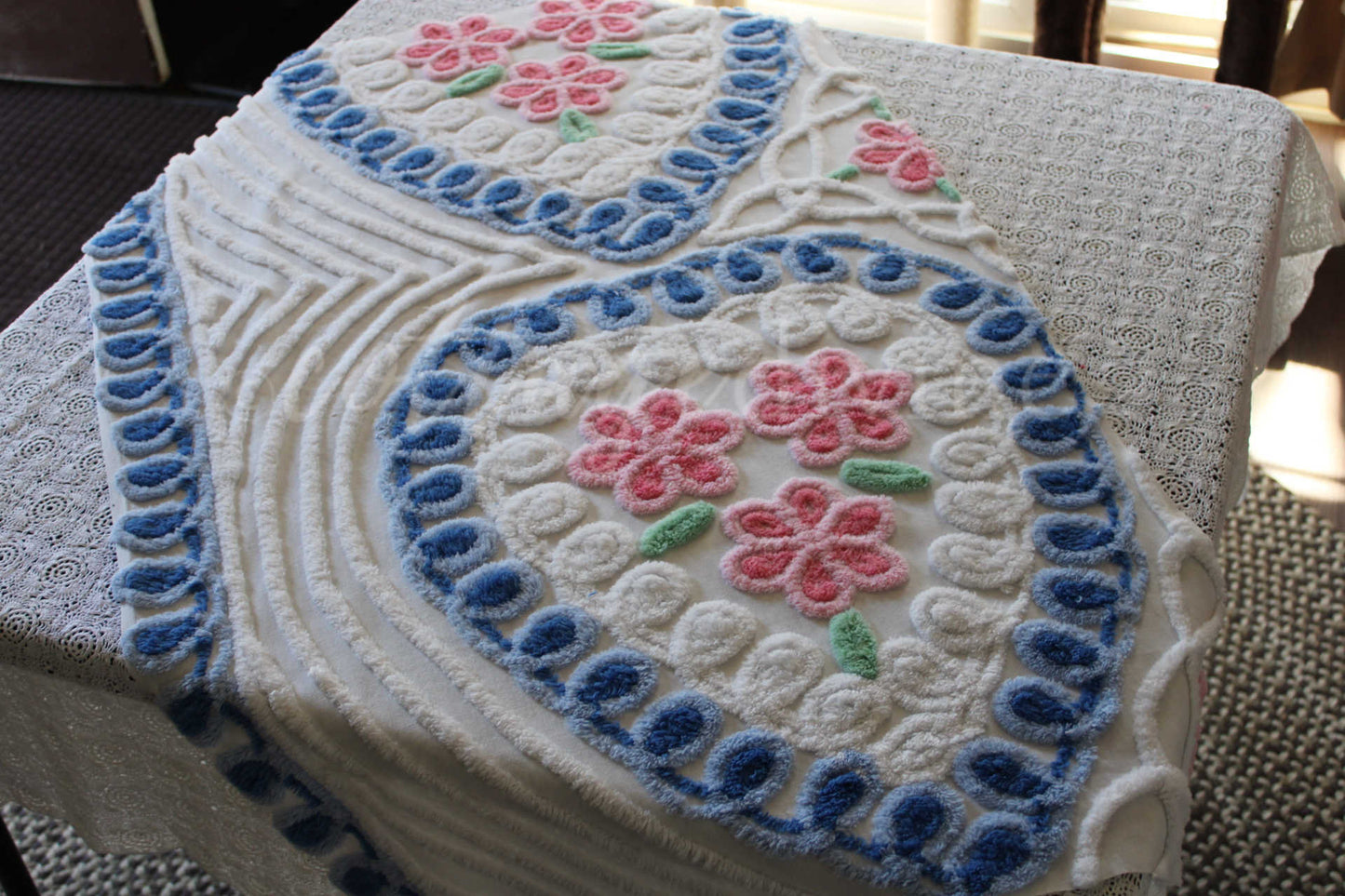 Adorable Pink & Blue Heart Roses Vintage Chenille Fabric, Classic 50s Design, 39" x 23" inch LARGE piece