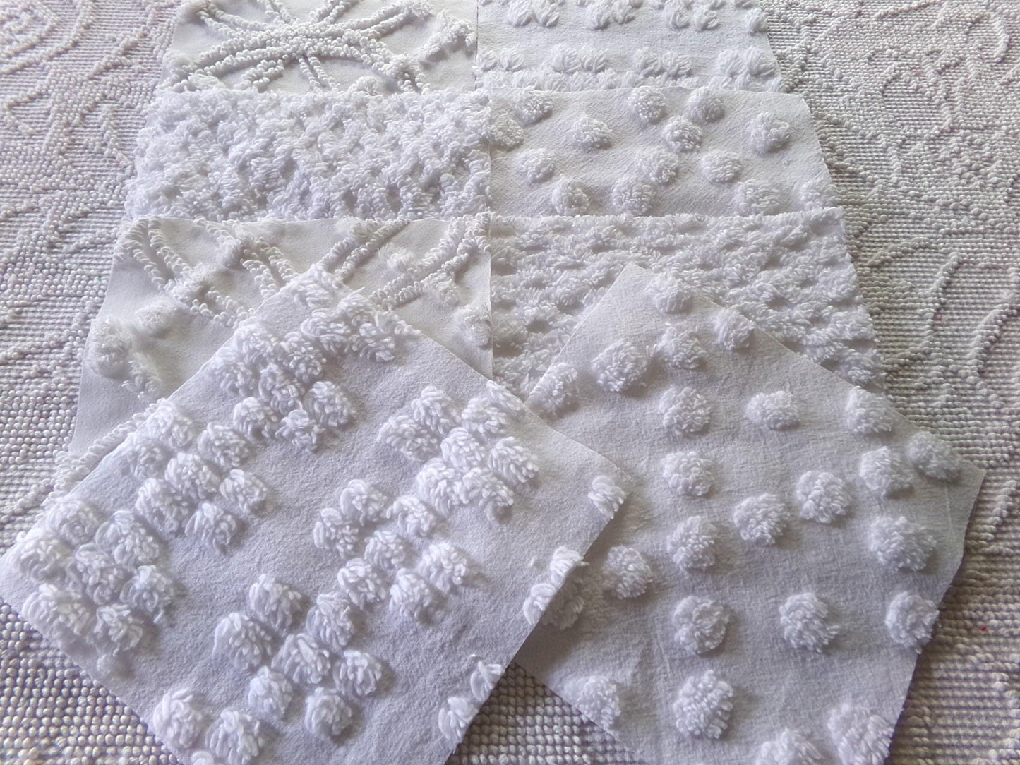 farmhouse style white chenille fabric squares, 7.5" vintage quilt blocks, set of 8 for sewing, crafts & quilting