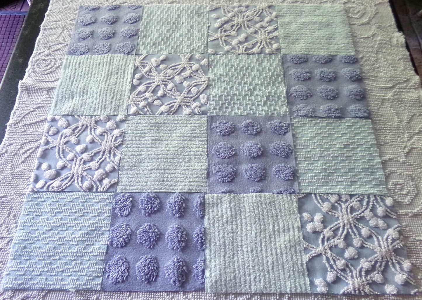 Spa Day Chenille Fabric Squares Set, 16 Vintage Quilt Blocks, 6" inch in Blue, Cool Aqua & White