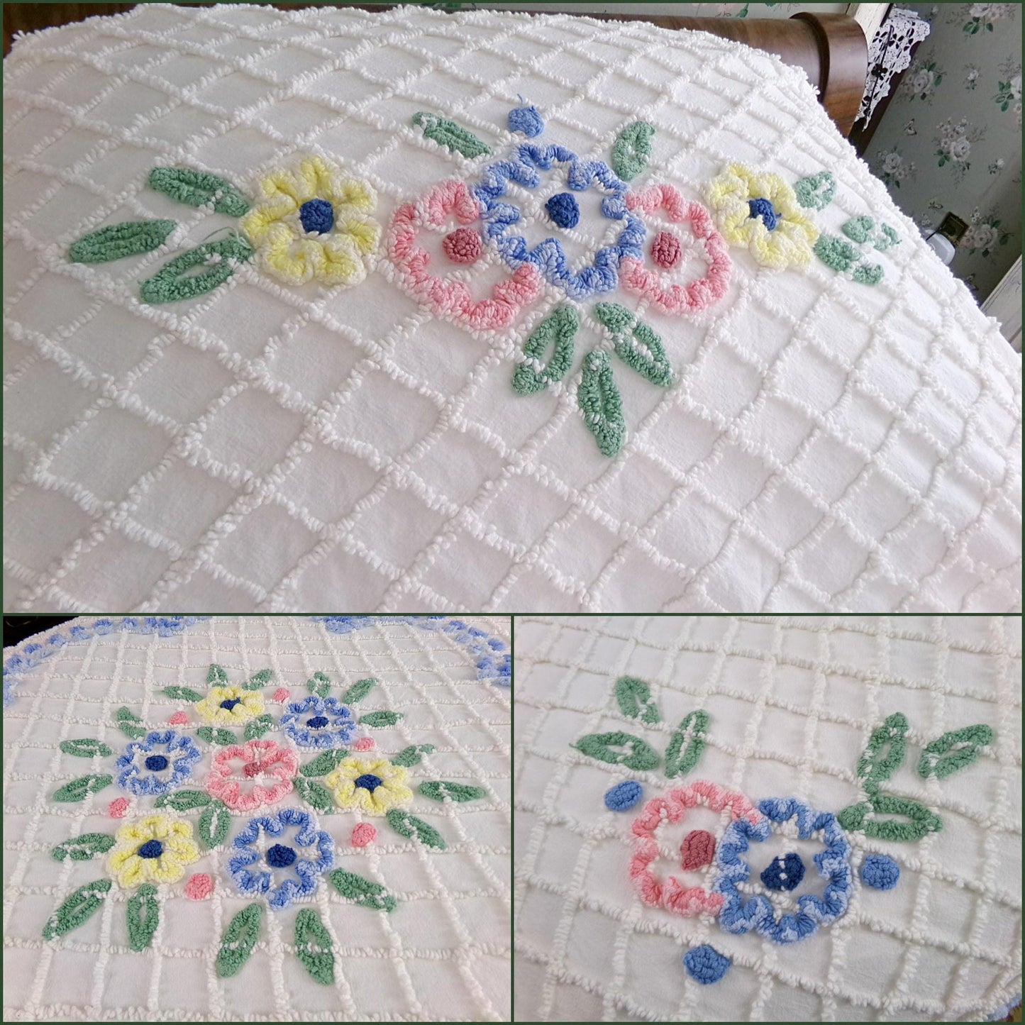 cottage classic vintage chenille bedspread, springtime flowers on white with fringe trim, full size cotton bedding