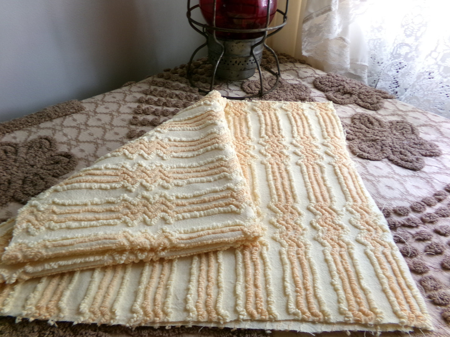 cosmic vintage chenille fabric in fantastic yellow lightning strike pattern, 19" x 30" cut fabric piece w/ needletuft zig zag zaps