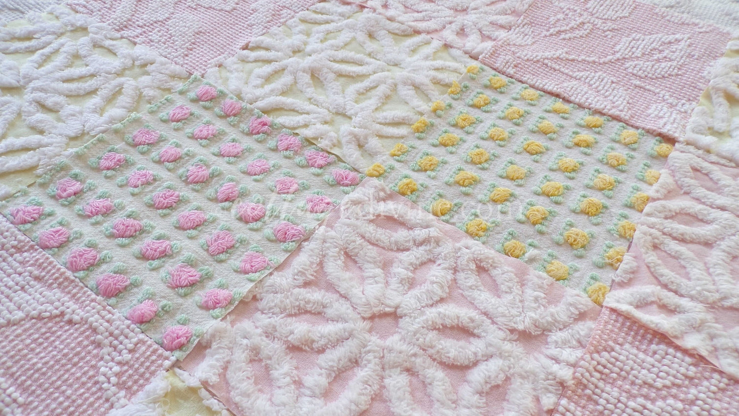 Chenille Fabric Squares Set, "Spring is in the Air", from Vintage Bedspread Fabrics, 16 Quilt Blocks, 6" inch, Cottage Pink, Yellow & White
