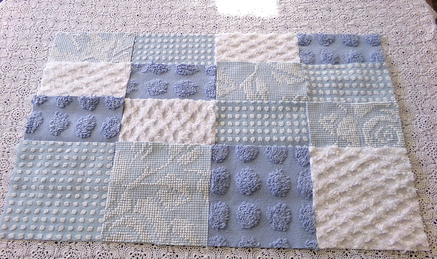 Cool Blues Chenille Fabric Squares for Quilting & Crafts in Vintage Blue, White - 16 Rotary Cut Blocks, 6" x 6" inch