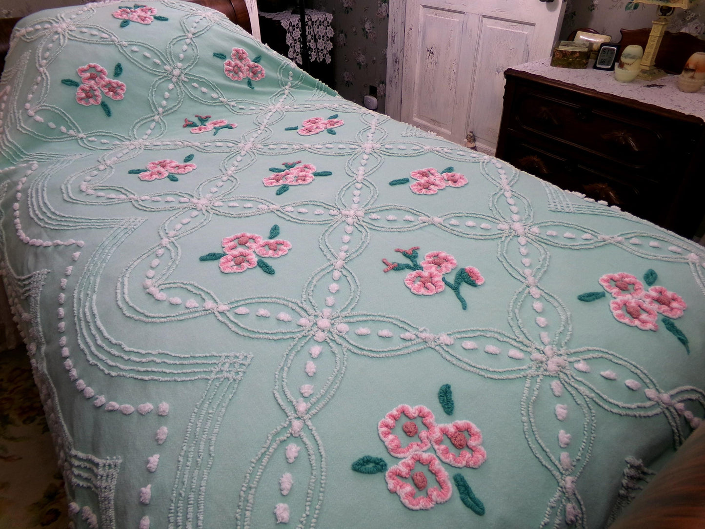 jade green pink rose vintage chenille bedspread, beautiful twin size shabby chic style bedding, great as a summer cottage coverlet