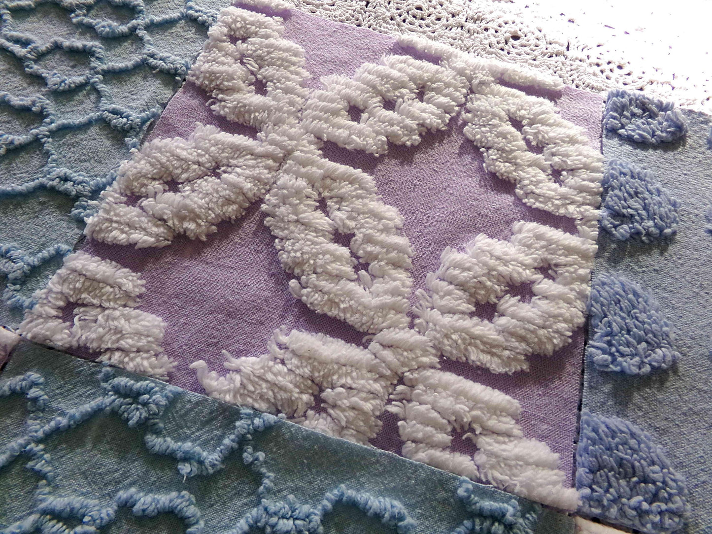 sleep sweetly chenille fabric squares, calming blue, lilac & white, 17 vintage quilt blocks 6" x 6" inch, for pillows, quilting, crafts
