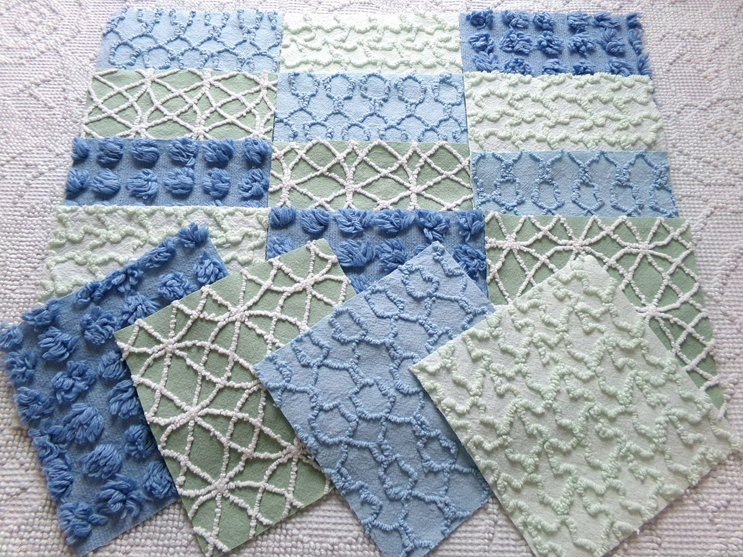 misty mermaid chenille fabric squares, 16 vintage 6" quilt blocks in coastal blue & green, for sewing, crafts, fiber arts