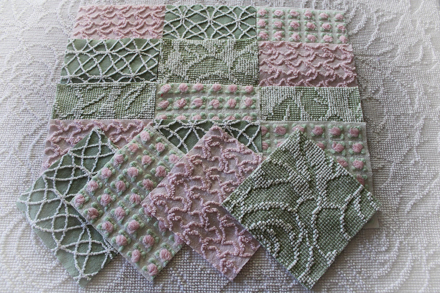 rosy romance chenille fabric squares, set of 16 vintage quilt blocks 6" inches ea, squiggle, hobnail, rosebud texture in jade & pink rose