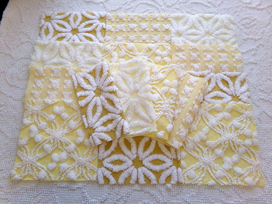 boho sunshine chenille fabric squares, set of 16 vintage quilt blocks 6" ea, natural sunrise yellow, white rosebud, golden harvest daisy
