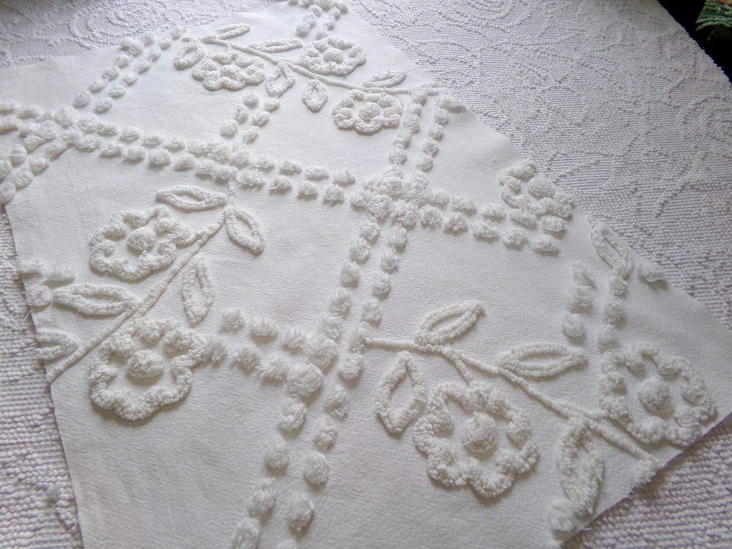 Elegant White Floral Chenille Fabric: Vintage Cottage Style 23" x 15" Cut Piece