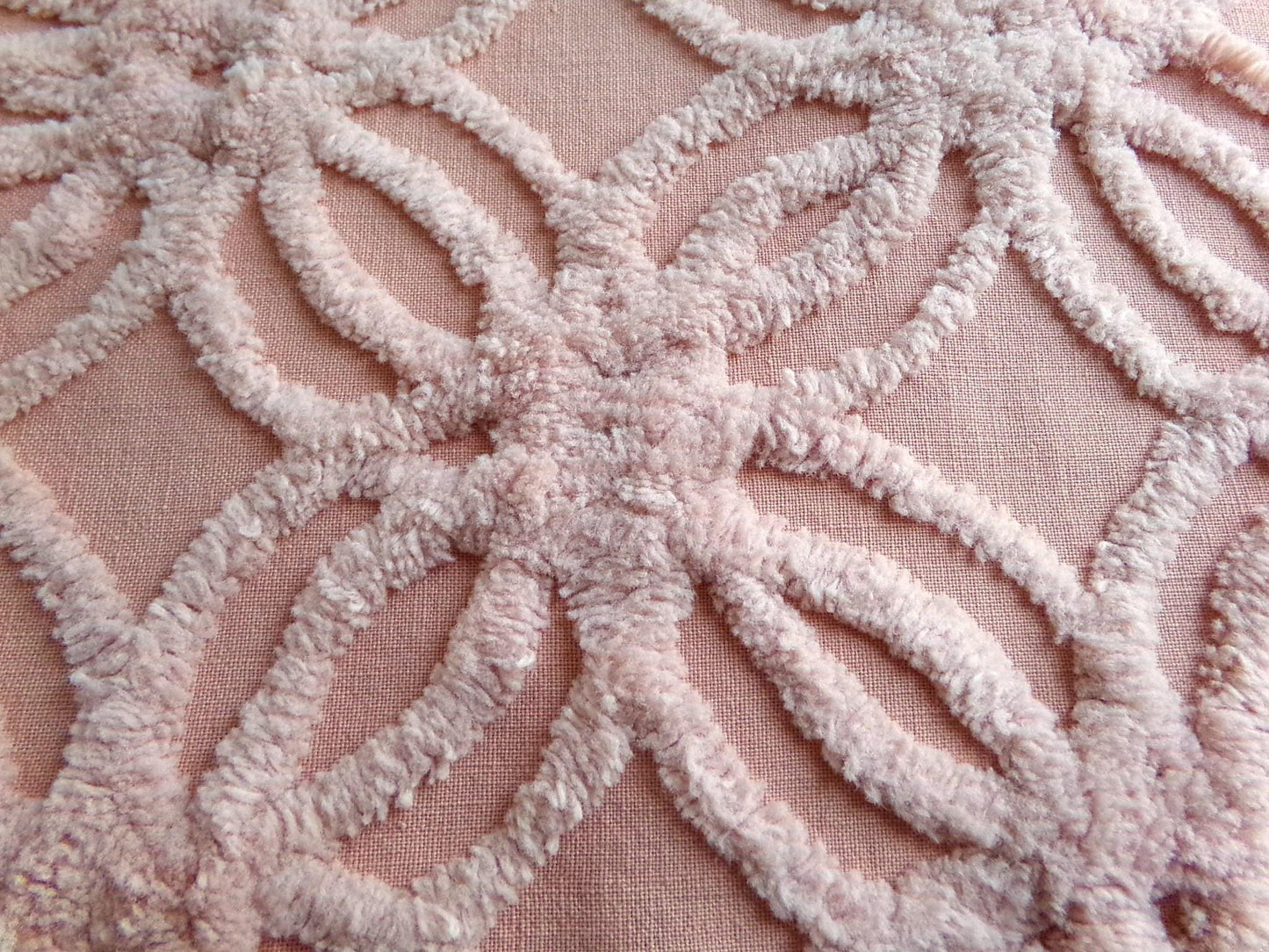 vintage chenille fabric, warm clay mauve geometric wedding ring design, 17" x 28" inch piece for sewing & crafts