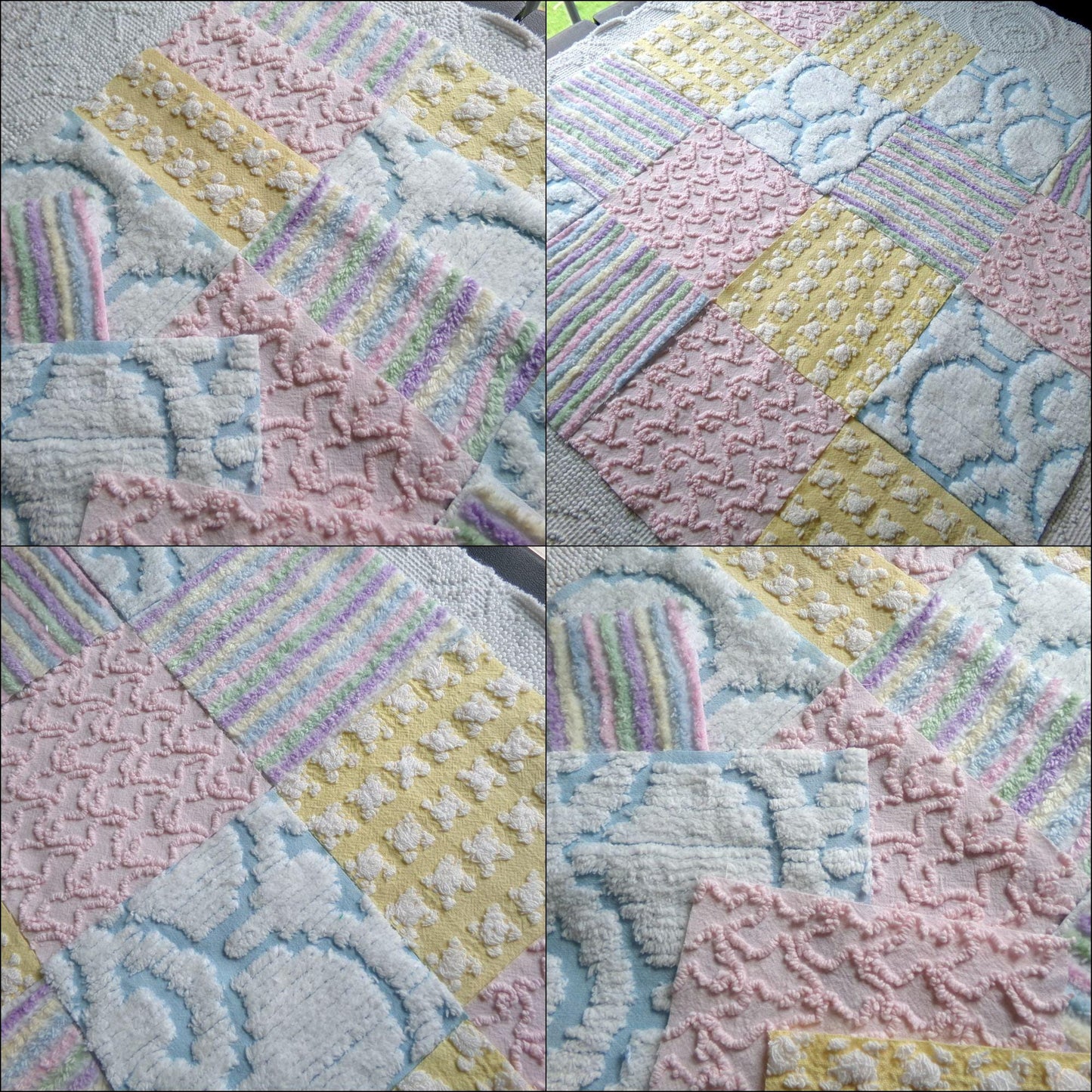fairyland chenille fabric squares, 16 vintage 6" quilt blocks in pastel rainbow, pink & yellow rosebud, for sewing, crafts, fiber arts