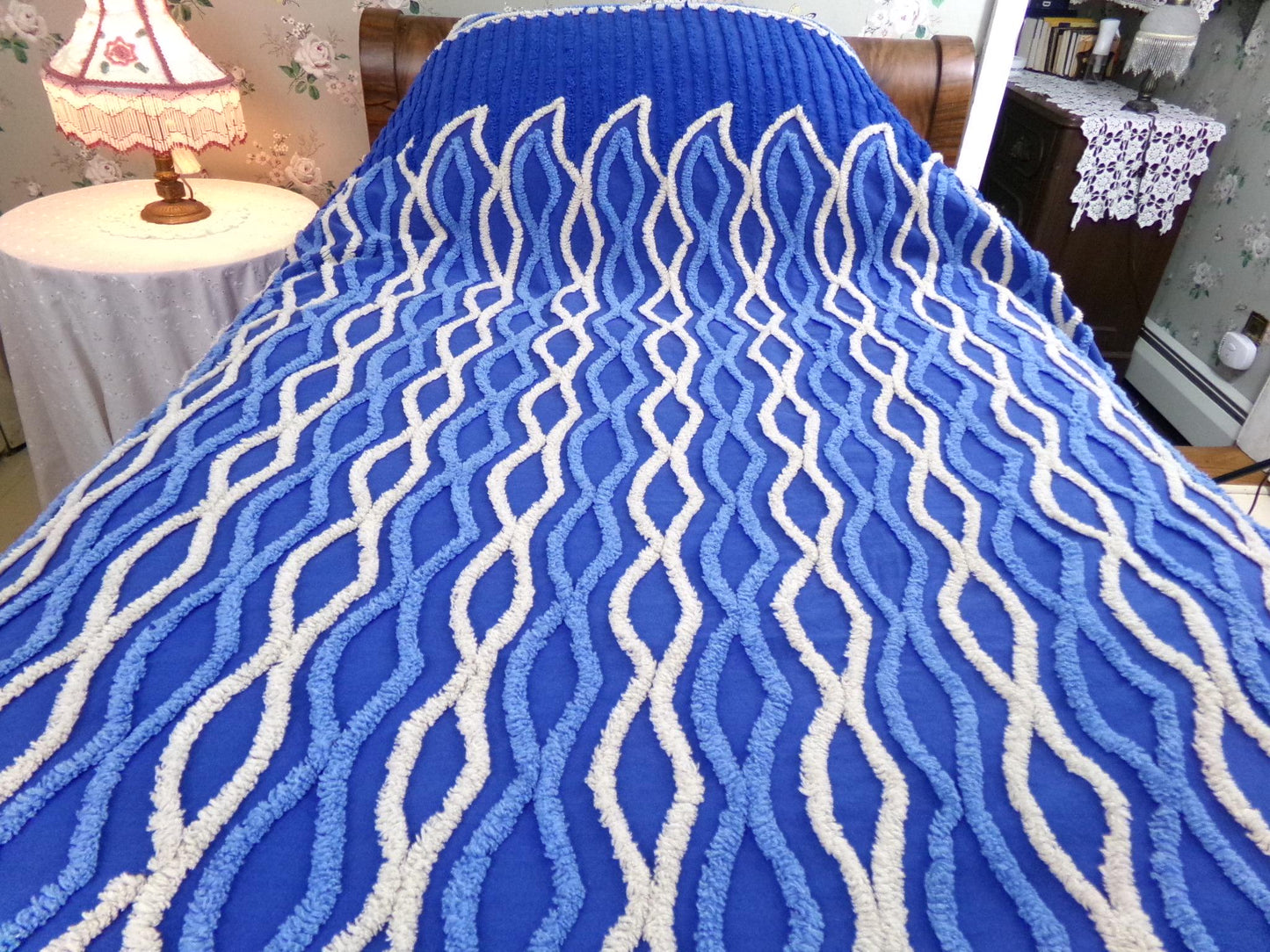 blue flame vintage chenille bedspread, dramatic unique geometric design, full size cotton bedding