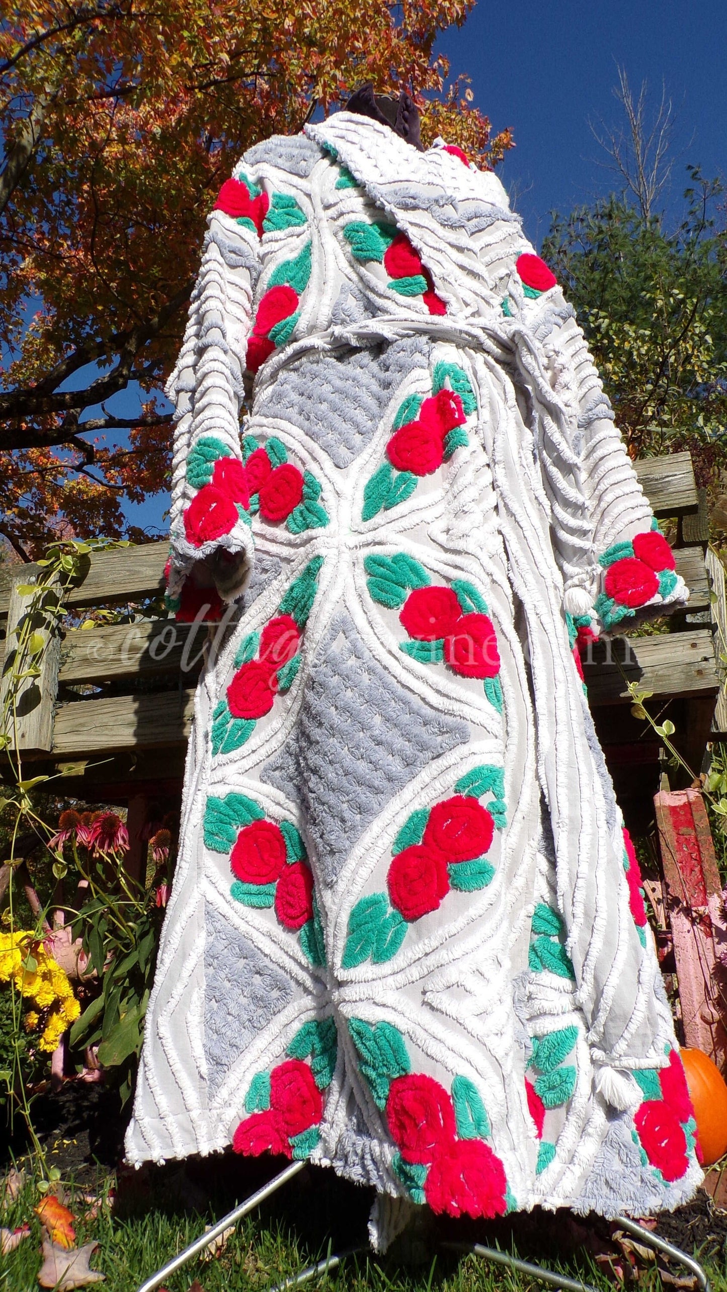 Plus Size Chenille Robe "Lovey Dovey" Red Roses Dove Grey Bathrobe Upcycled from WWII Era Vintage Chenille Bedspread, 1X, 2X Large