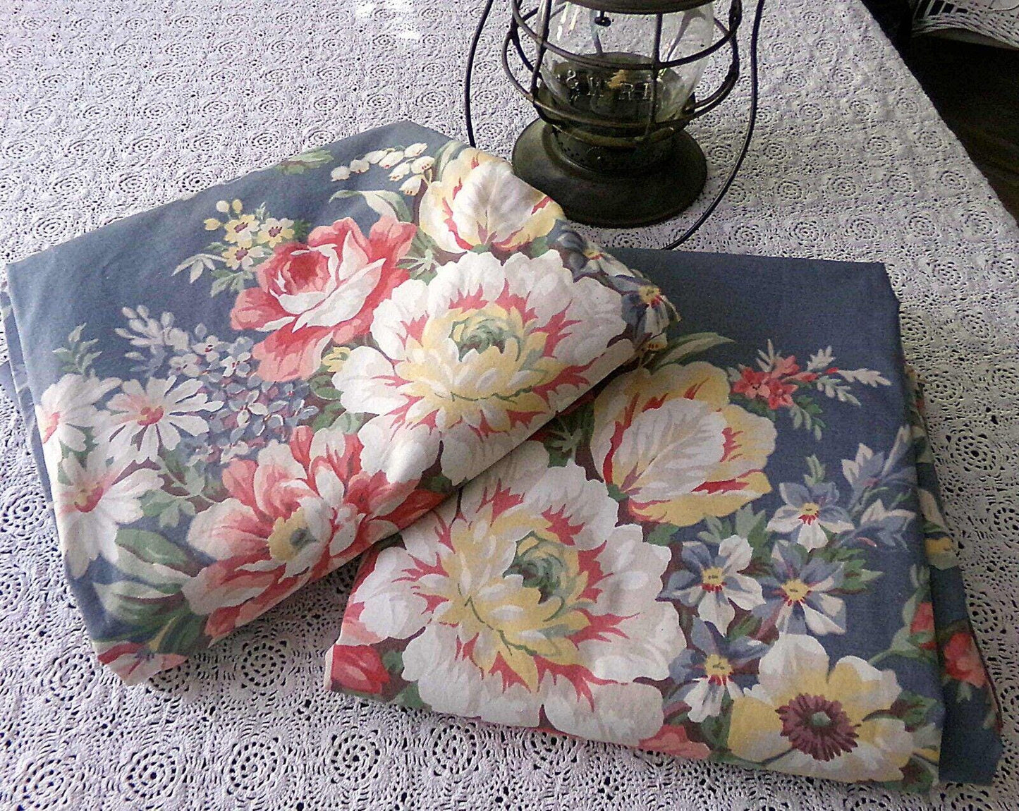 Lot of 3 Pair Ralph Lauren Kimberly Drapes Window Curtains, 6 Panels of Vintage Blue Floral Drapery Panels
