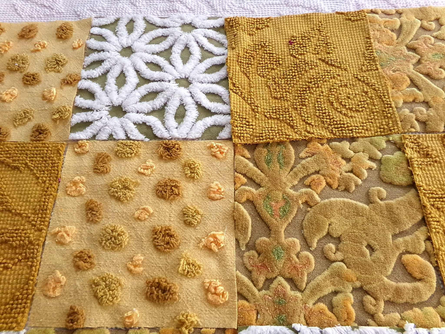 boho mama velvet & chenille fabric squares, earthtone daisy, dots, 16 vintage quilt blocks 6" x 6" inch, for pillows, quilts, crafts
