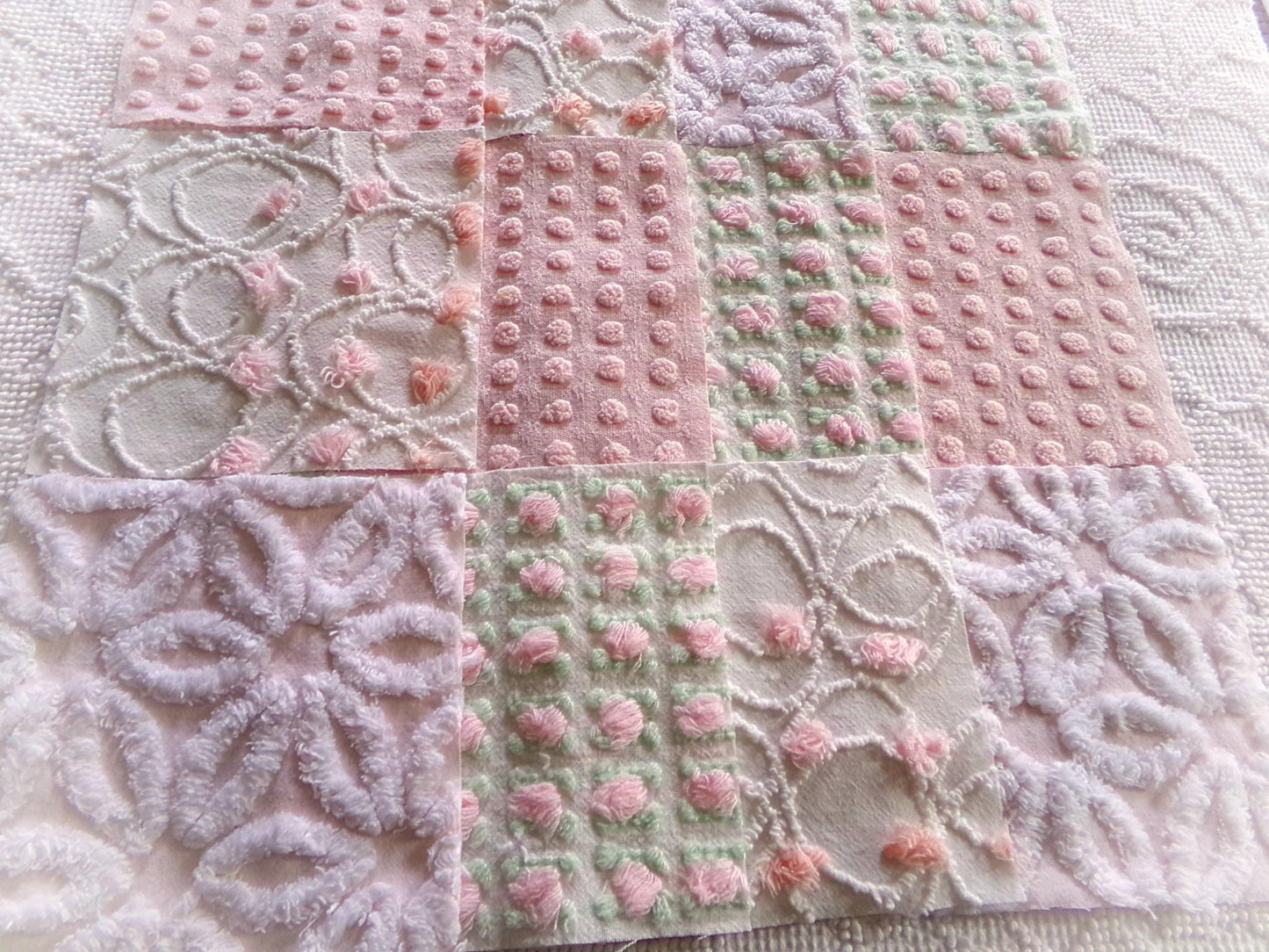 cottage garden chenille fabric squares, vintage craft square set of 17 quilt blocks, 6" x 6" inch, ideal in handmade chenille quilts, crafts
