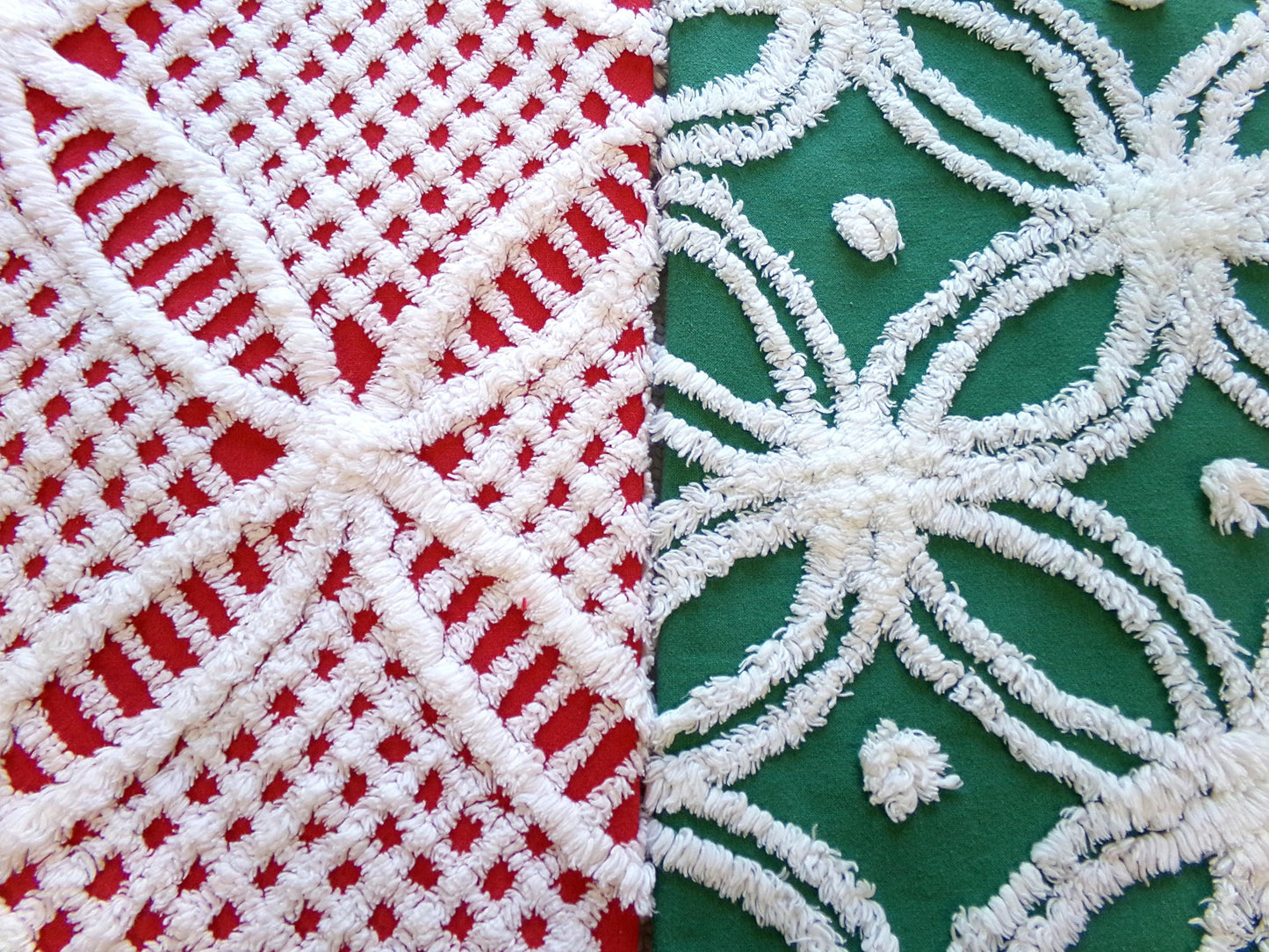 Christmas Quilt Fabric Stash Builder | Vintage Chenille Bundle for Sewing, Quilting in Red, White & Green | 2 Pieces 12" x 18" each