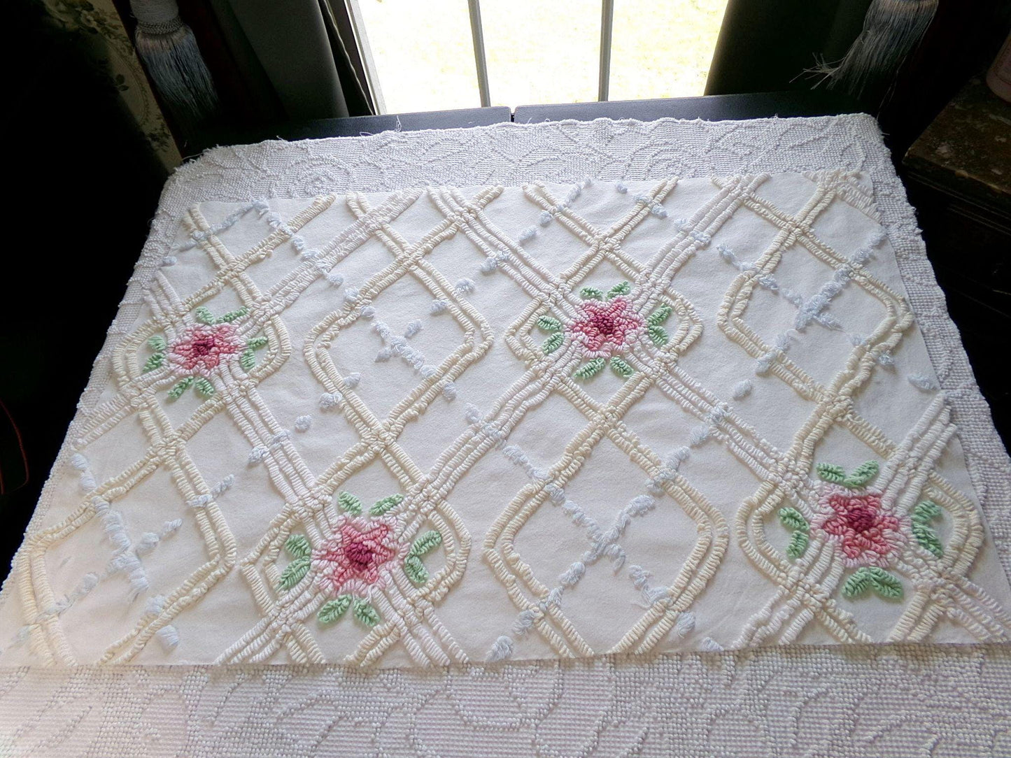 neutral pink rose vintage chenille fabric, beautiful 20" x 30" inch piece of cotton sewing material for quilting & crafts